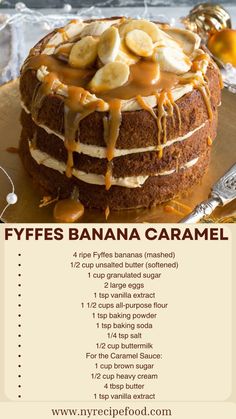 a cake with bananas and caramel drizzled on it's top