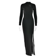 Features: Expertly designed to enhance your curves and exude elegance, our Mesh Patchwork Sexy Maxi Dress is the perfect addition to any wardrobe. Showcasing a stunning hollow out design, o-neckline, long sleeves, and a thigh-high split, this bodycon dress will make heads turn. Elevate your style game with this femme and timeless piece. Winter Dinner Bodycon Dress With Long Sleeves, Winter Long Sleeve Bodycon Dress For Dinner, Chic Stretch Long Sleeve Evening Dress, Long Sleeve Stretch Bodycon Dress For Dinner, Black High Stretch Long Sleeve Bodycon Dress, Stretch Full-length Long Sleeve Party Dress, Stretch Long Sleeve Long Dress For Party, Chic Long Bodycon Dress For Night Out, Chic Long Sleeve Bodycon Dress For Dinner