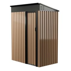 a brown and black metal shed on a white background