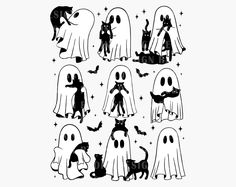 the silhouettes of halloween characters in black and white are shown with bats, cats, and ghost faces