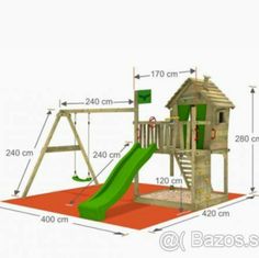 a wooden swing set with a green slide