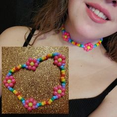 a woman wearing a necklace made out of candy beads