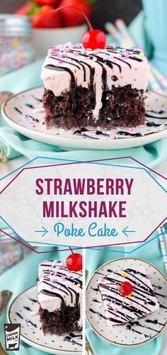 a slice of strawberry milkshake poke cake on a plate