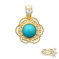 "PLEASE READ THE DESCRIPTION AND ESPECIALLY THE DIMENSIONS 18k yellow gold framing this natural turquoise cut in round cabochon shape and decorate with white enamel to created the ultimate summer look, color and vibe. ◾Materials: Hallmark 18k gold (750) - White enamel ◾DIMENSIONS - Pendant height with bezel: 1.1024\", 2.8cm - Pendant width: 0.7874\", 2cm ◾Weight: 3.7g ◾ Feel free to contact me if you have any questions about my jewelry. ◾ See more handmade gold pendants at: https://www.etsy.com/ Enamel Yellow Gold Jewelry With Cabochon, Oval Turquoise Enamel Jewelry, Turquoise Oval Enamel Jewelry, Luxury Turquoise Cabochon Jewelry, Gold Pendants, Greek Jewelry, Handmade Gold, Pendant Design, Summer Look