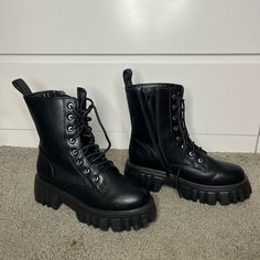 Size 9 Chunky Platform Style Barely Worn Great Condition Minor Scratches On Back Heels (See Photos) Alternative Black Combat Boots With Chunky Platform, Gothic Black Combat Boots With Chunky Platform, Black High-top Combat Boots With Lug Sole, Black Ankle-high Platform Combat Boots, Black Combat Boots With Platform, Medium Width, Chunky Platform, Moto Boots, On Back, Shoes Black