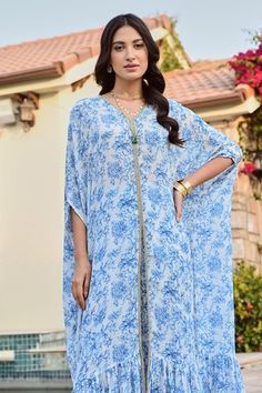 Shop for Palak and Mehak Ivory Pure Crepe Zeenat Floral Bloom Print Kaftan And Palazzo Set for Women Online at Aza Fashions Palazzo Set, Color Ivory, Set For Women, Aza Fashion, Sleeve Type, Blue Floral, Types Of Sleeves, Split, Floral Print