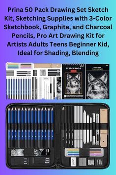 the art drawing set is packed with markers, pencils, and crayon pens