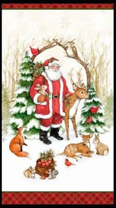 a santa clause standing next to a christmas tree with deer and other animals around it