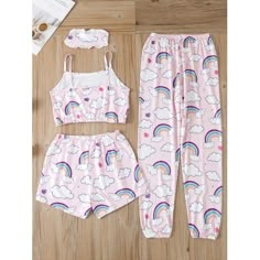 Girls Rainbow Cloud Printed Vest &Eye Mask &Sleepwear Pants And Shorts Pajamas Set Color  : PinkSize  : 7-8Y,9-10Y,11-12Y,13-14YSize guide:,Size guide:7-8Y:Bust: 27.6 inch, Length: 11.8 inch, Waist size: 20.5 inch, Hip size: 33.1 inch, Bottom length: 31.1 inch, Inseam length: 21.7 inch, Recommended height: 46.5-54.4 inch9-10Y:Bust: 29.6 inch, Length: 13.2 inch, Waist size: 21.7 inch, Hip size: 35.1 inch, Bottom length: 33.7 inch, Inseam length: 23.6 inch, Recommended height: 49.6-59.1 inch Cute Loungewear Sets With Long Pants, Kawaii Summer Sleepwear For Pajama Party, Kawaii Sleepwear For Summer Pajama Party, Kawaii Summer Pajama Party Sleepwear, Kawaii Summer Sleepwear For Loungewear, Kawaii Summer Sleepwear, Cute Multicolor Sleepwear For Loungewear, Kawaii Sets For Pajama Party In Summer, Cute Pink Sleepwear Long Pants