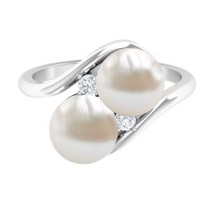 Freshwater Pearl Toi Et Moi Bypass Ring with Diamond Freshwater Pearl - ( AAA ) - Quality - Rosec Jewels Two Stone Ring, White Pearl Ring, Ring Pearl, Jewelry Design Drawing, Pearl And Diamond Ring, Bypass Ring, Ring With Diamond, Sparkling Diamond, Design Drawing