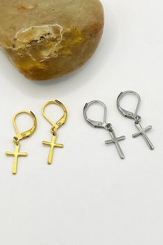 Handmade item Drop length: 1.5 Inches Materials: Stainless steel Closure: Lever back Made to Order Click the link to order 🙂 Cross Shaped Metal Earrings For Pierced Ears, Nickel-free Gold Cross Earrings, Gold Nickel-free Cross Earrings, Earrings Emo, Dropping Earrings, Jewelry Board, Team Board, Jewelry Boards, Earrings Hoop