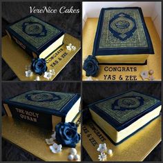 four pictures of a book cake with blue frosting and flowers on top, along with the words congrats yas & zee