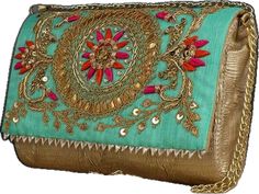 Party Clutch With Gota Work, Designer Green Clutch For Party, Festive Multicolor Clutch For Reception, Bollywood Style Clutch With Zari Work, Multicolor Handwork Clutch For Reception, Festival Clutch With Gold Embroidery, Gold Clutch With Gota Work, Festive Gota Work Clutch, Embellished Green Clutch