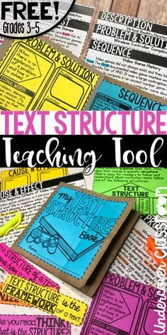 the text structure teaching tool is on top of a pile of books with markers and pens