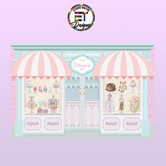 an illustration of a store front with pink and white awnings on the outside