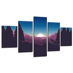 a set of five canvases with mountains and trees in the background at night time