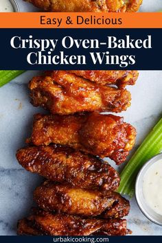 crispy oven - baked chicken wings with ranch dip and celery on the side