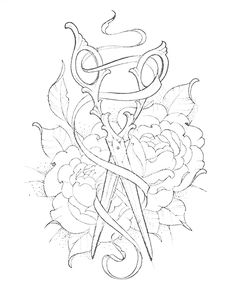 a tattoo design with scissors and flowers