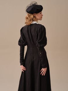 Elegant Linen Dress With Gathered Sleeves, Elegant Black Linen Dress For Daywear, Fitted Black Linen Dress For Work, Black Dress With Pleated Sleeves For Daywear, Elegant Black Linen Dress, Black Long Sleeve Victorian Dress For Fall, Elegant Linen Puff Sleeve Dress, Elegant Black Fitted Linen Dress, Elegant Fitted Black Linen Dress