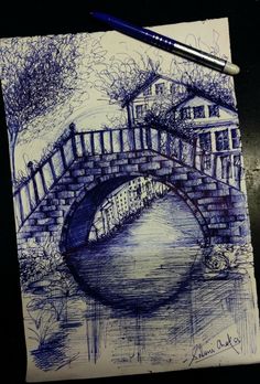 a drawing of a bridge over a body of water