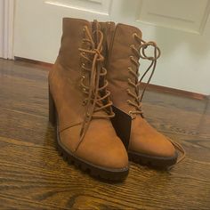 These Lace Up Brown/Tan Heeled Booties Have Never Been Worn And Are In Excellent Condition There Is A Small Grey Mark On The Back Of One Of The Shoes, As Shown In The Third Picture I’m Not Sure What The Actual Material Is But These Boots Have A Suede-Like Feel To Them Casual Round Toe Heels By Forever 21, Forever 21 Casual Round Toe Heels, Forever 21 Trendy Round Toe Heels, Brown Lace-up Heeled Boots In Faux Leather, Brown Suede Lace-up Boots With Goodyear Welt, Brown Suede Lace-up Boots With Reinforced Heel, Brown Suede Lace-up Boots With Stitched Sole, Brown Boots With 4-inch Heel And Medium Width, Brown Suede Boots