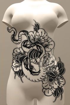 a woman's torso with black and white tattoo designs on the side of her body