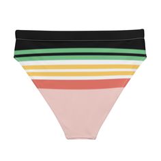 Vintage Hawaii Stripe bikini bottoms - retro stripe on a high-waisted bikini bottom. Comfortable, high-waisted, and double-layered—perfect for a beach day, paddleboard sesh or just chilling by the pool. Eco and style-conscious, this bikini bottom is made with recycled materials. • Fabric composition: 81% REPREVE recycled polyester, 19% LYCRA XTRALIFE • Fabric weight 7.52 oz • Double-layered and non-reversible • Tear-away care label • Zig-zag stitching Size guide WAIST HIPS XS (inches) 25 ¼ 35 ⅜ Beachy Multicolor Bottoms For Beachwear, Beachy Multicolor Bottoms For Sunbathing, Multicolor High Waist Beachwear Swimwear, Multicolor High Waist Swimwear For Beach, High Waist Striped Swimwear For Beach Season, Multicolor High-waist Beachwear Swimwear, High Waist Multicolor Bottoms For Beach, Striped High Waist Swimwear For Beach, Multicolor High Waist Swimwear For Sunbathing