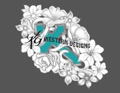 the logo for western designs, with flowers and leaves in black and white on a gray background