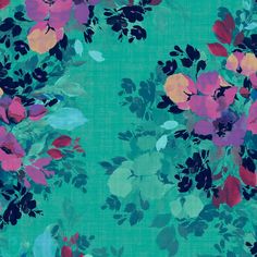 a green background with pink and blue flowers