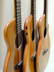 three guitars are lined up in a row