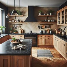 a kitchen filled with lots of wooden cabinets and counter top space next to a window