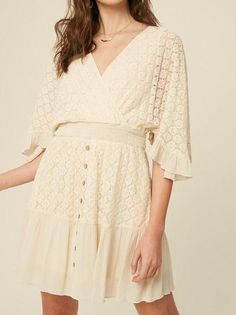 FLUTTER SLEEVE RUFFLE HEM LACE DRESS – Mota Boutique Flirty V-neck Midi Dress With Ruffle Hem, Feminine V-neck Dress With Ruffles And Short Sleeves, Spring V-neck Dress With Lace Sleeves, Chic V-neck Midi Dress With Lace Trim, Bohemian V-neck Dress With Scalloped Lace, Summer V-neck Lace Dress With Ruffles, Spring V-neck Dress With Ruffle Sleeves For Brunch, Spring V-neck Crochet Dress With Crochet Trim, Spring Crochet Dress With Lace Trim