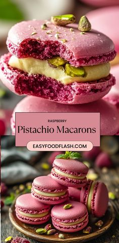 pink macarons are stacked on top of each other with the words raspberry pistachio macaroons