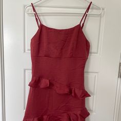 Nwt Beautiful Wine Colored Spaghetti Strap Mini Dress. Some Ruffles Throughout. Satiny Soft Material Spaghetti Strap Dress With Ruffle Hem For Date Night, Sundress With Ruffle Hem And Spaghetti Straps For Party, Red Spaghetti Strap Dress With Ruffle Hem, Red Fitted Mini Dress With Ruffled Straps, Red Fitted Sundress With Ruffles, Red Ruffled Sundress For Party, Red Fitted Dress With Ruffled Straps, Colored Spaghetti, Blue Flower Dress