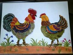 two colorful roosters standing next to each other on top of a wooden board with grass and flowers in the background