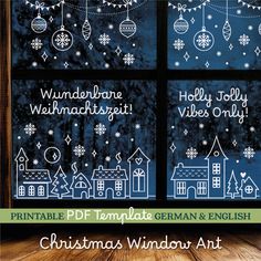 christmas window art with ornaments and snowflakes on the windowsill, in white ink