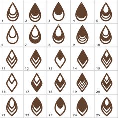 the different shapes and sizes of water droplet earrings, from top to bottom in brown on white background