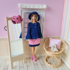 a doll is standing in front of a mirror