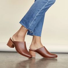 All-Day Heeled Mule Brandy — Nisolo Target Heels, Heeled Mule, Ethical Fashion Brands, Leg Work, Slip On Mules, Heel Caps, Womens Mules, Comfortable Heels, Day To Night