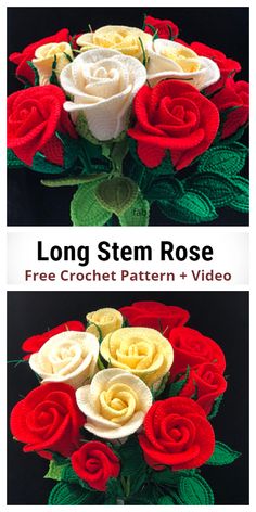 Long Stem Rose Free Crochet Pattern + Video - DIY Magazine Free Crochet Rose Pattern, Roses Au Crochet, Long Stem Rose, Bouquet Crochet, Crochet Rose Pattern, Long Stem Roses, Daisy Duke, Crochet Flowers Easy, Simply Crochet