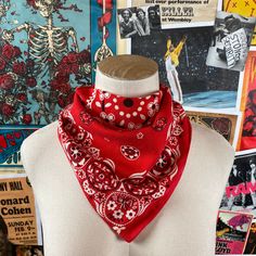 "Vintage 1960/70s red + white floral paisley print all cotton fast color RN13960 square bandana handkerchief. Measures 19.75\" x 20.25\"" Classic Cotton Bandana With Bandana Print, Red Cotton Bohemian Bandana, Red Bohemian Cotton Bandana, Retro Bandana With Bandana Print For Festivals, Vintage Bandana With Bandana Print For Summer, Adjustable Vintage Bandana For Festivals, Adjustable Vintage Style Bandana, Adjustable Red Bandana For Gifts, Adjustable Red Bandana As Gift