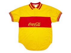 "Vintage Coca Cola polo shirt, undated from the 80s. Rad color-way with a screen-printed logo on the chest Brand: Coca Cola Tag Size: Illegible (faded) Fits Like: Large Measurements: Pit to pit -- 21.5\" / Front Length -- 28\" / Back Length -- 30.5\" Condition: 6.5/10 -- in decent shape overall with widespread colorbleeding and some small stains scattered throughout. See last 7 pics for details" Sporty Yellow Polo Shirt With Short Sleeves, Sporty Yellow Short Sleeve Polo Shirt, Retro Collared T-shirt For Streetwear, Yellow Sporty Cotton Polo Shirt, Retro Collared Cotton T-shirt, Yellow Cotton Sporty Polo Shirt, Retro Graphic Print Polo Collar Tops, Retro Red Polo Collar Top, Retro Short Sleeve Cotton Polo Shirt