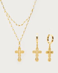 Everette Cross Set in Gold
| En Route Jewelry | En Route Jewelry Gold Pearl Chain Jewelry Set Gift, Gold Jewelry With Pearl Chain And Cubic Zirconia, Gold Cubic Zirconia Jewelry With Pearl Chain, Gold Plated Pearl Drop Jewelry Sets For Gifts, Cross Earrings, Gold Gold, Jewelry Lookbook, Necklace Earring Set, Cz Stone