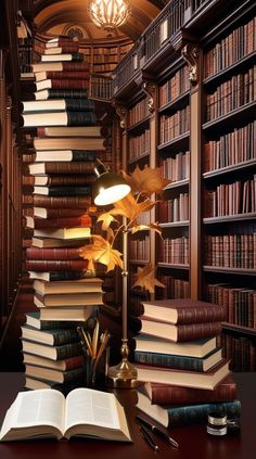 an open book sitting on top of a table next to a lamp and bookshelf