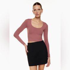 Nwt Aritzia Babaton Contour Scoopneck Long Sleeve In Corsa Red Size Xxs. Fall Crop Top With Scoop Neck And Stretch Fit, Fall Season Stretch Scoop Neck Crop Top, Fall Stretch Crop Top With Scoop Neck, Casual Square Neck High Stretch Tops, Casual High Stretch Square Neck Tops, High Stretch Casual Tops With Square Neck, Casual High Stretch Tops With Square Neck, Elegant Fitted Crew Neck Crop Top, Red Fitted Top With Square Neck