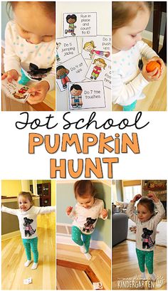 a collage of photos with pumpkins and words on them that say, got school pumpkin hunt