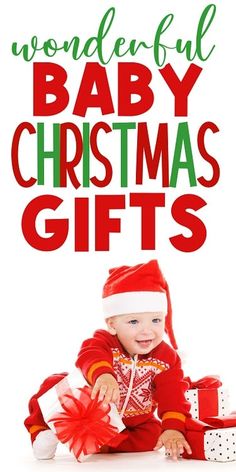 cute baby in Santa hat playing with Christmas presents and tile wonderful baby Christmas gifts Baby Christmas Gift Ideas, Christmas Gifts For Babies, Christmas Gifts For Grandparents, Newborn Christmas Gifts, Toddler Gift Guide, Family Gift Guide, Newborn Advice, Toy Gift Guide, Stocking Stuffers For Baby