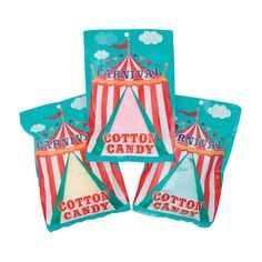 three circus tents with the word carnival printed on them and one tent that says cotton candy