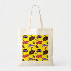 a bag with the word pow on it in purple and yellow, surrounded by pop art