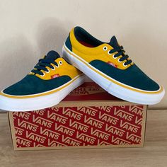 Retro Style Colorblock Vans Shoes Green Yellow New W Box Men’s 6.6 Casual Yellow Skate Shoes With Contrast Sole, Retro Yellow Sneakers For Skateboarding, Yellow Retro Sneakers For Skateboarding, Yellow Lace-up Skate Shoes With Cushioned Footbed, Sporty Yellow Vans Skate Shoes, Vans Yellow Low-top Sneakers, Yellow Low-top Vans Sneakers, Navy Vans, White Checkered Vans